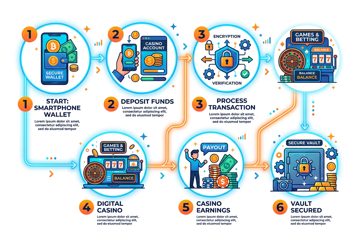 Infografika procesu depozytu Bitcoin w kasynie online, pokazująca bezpieczny transfer z portfela mobilnego do platformy