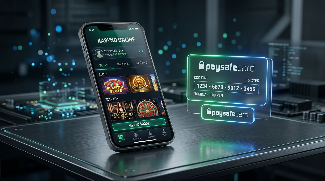 Futuristic casino mobile app interface featuring Paysafecard voucher integration and secure digital payments.