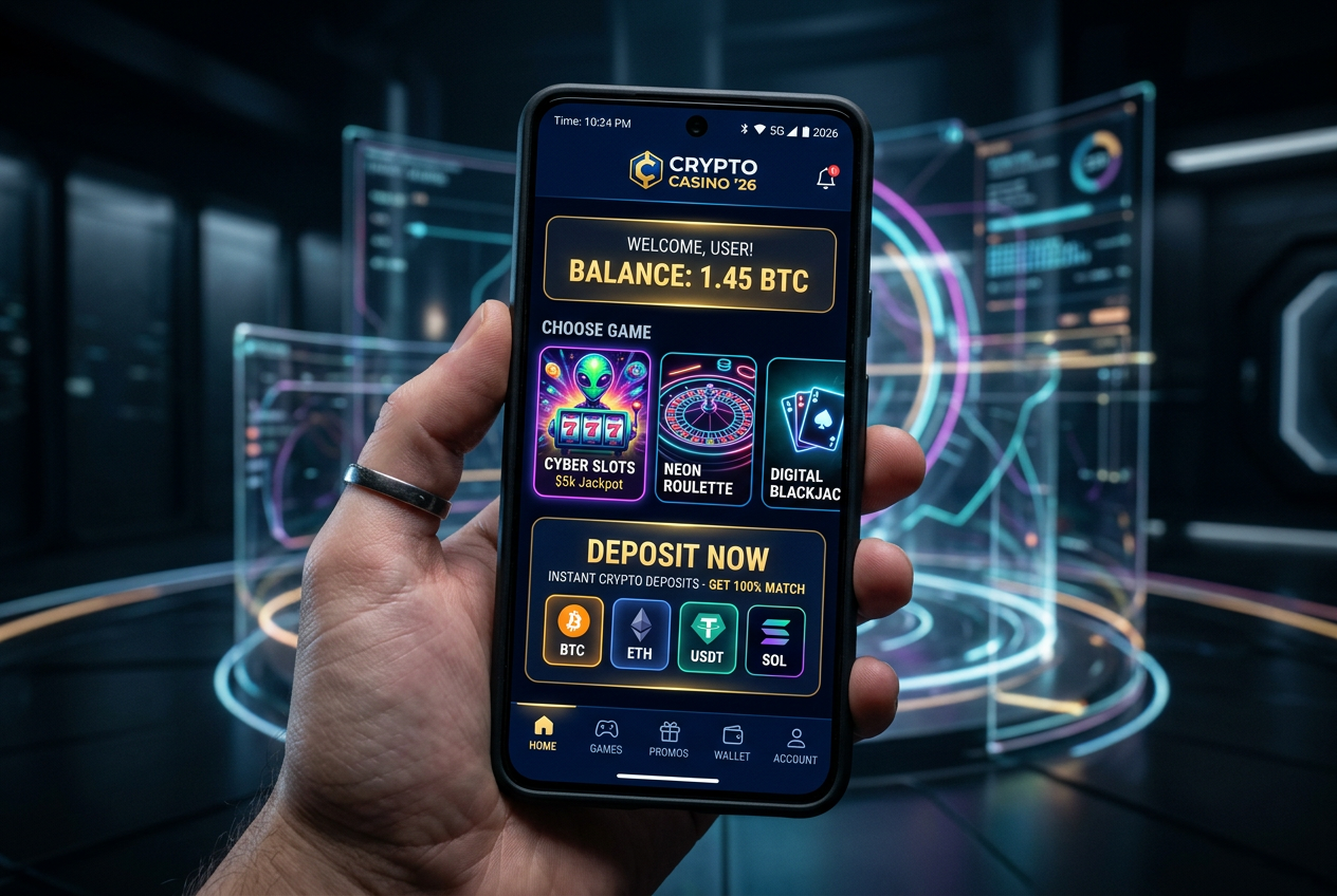 Nowoczesny interfejs kasyna online 2026 na smartfonie z elementami kryptowalut