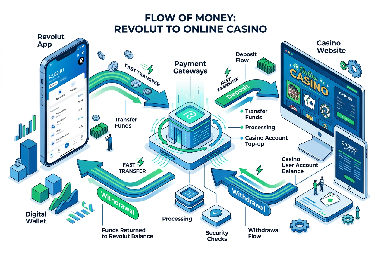 Infografika przepływu środków Revolut w kasynie