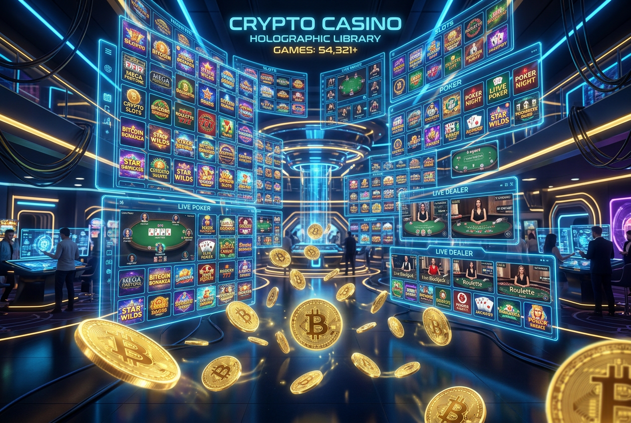 Szeroki wybór gier krypto w Sierra Casino, wizualizacja cyfrowej biblioteki gier holograficznych z symbolami Bitcoin